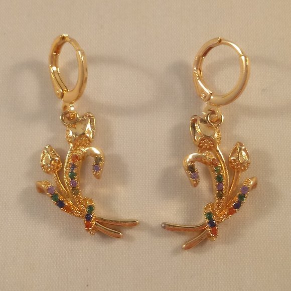 18K Yellow Gold Filled Flower Leaf Diamond Zircon Dangle Earrings Gorgeous Gift - Picture 2 of 4